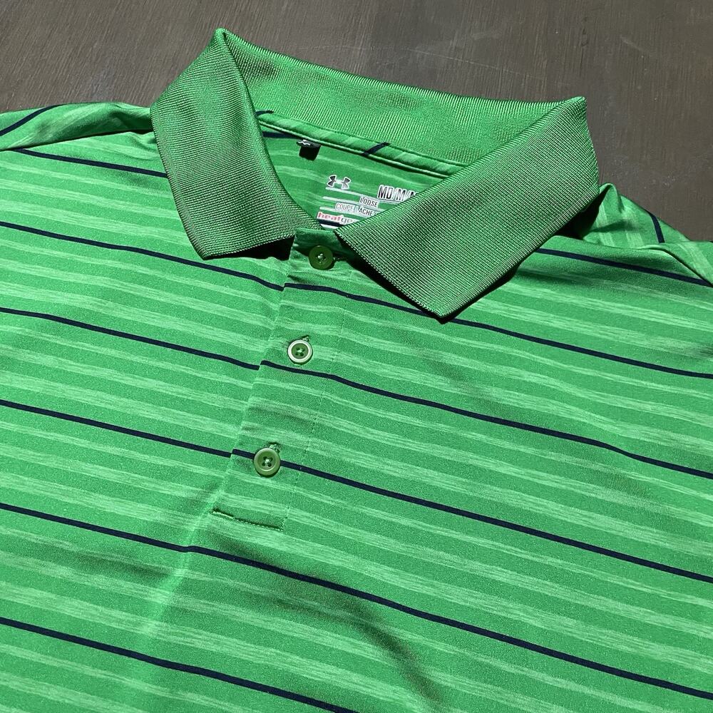 Under Armour Mens Medium Polo Golf Shirt Loose Heatgear Athletic Green Blue